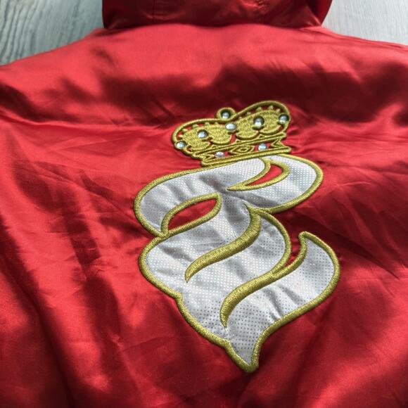 Y2K Puffy Jacket Womens Medium Red Puffer Faux Fur Hood Feather Winter Coat - Picture 5 of 14